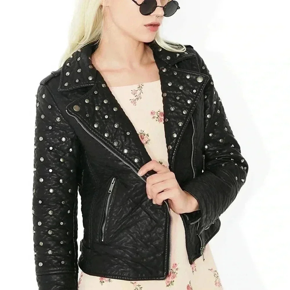 Glamorous Studded Faux Leather Moto Jacket XS Black Biker Punk Rocker Y2K - Picture 7 of 12